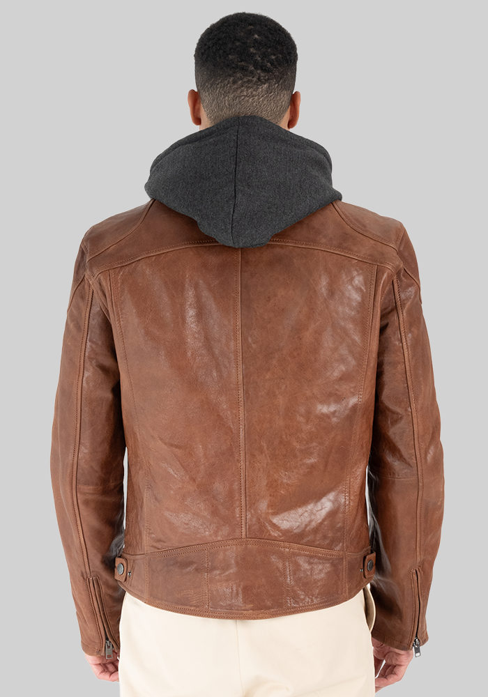 Mauritius Traditional Fit Leather Bomber Jacket With Removable Hood