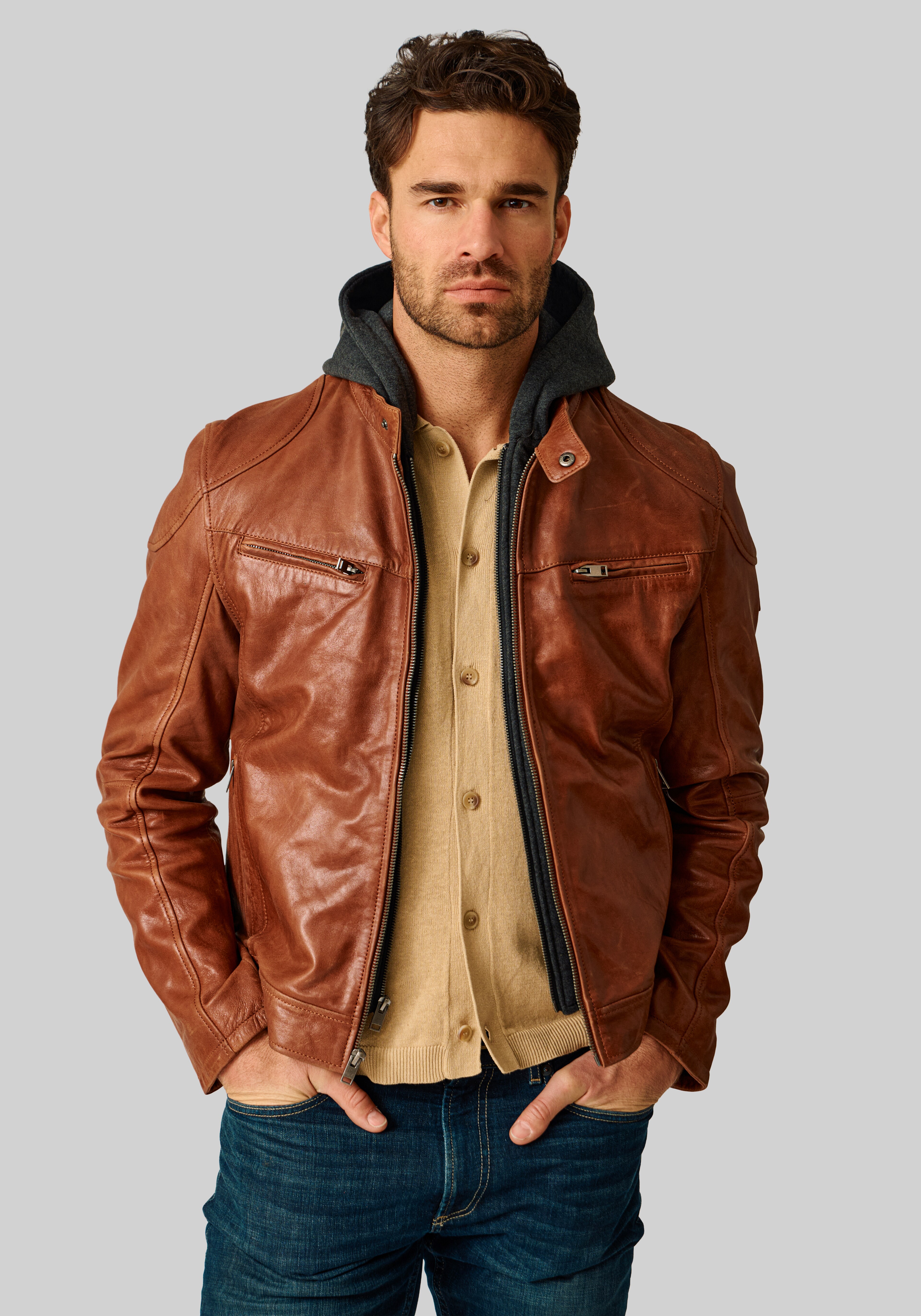 Mauritius Traditional Fit Leather Bomber Jacket With Removable Hood