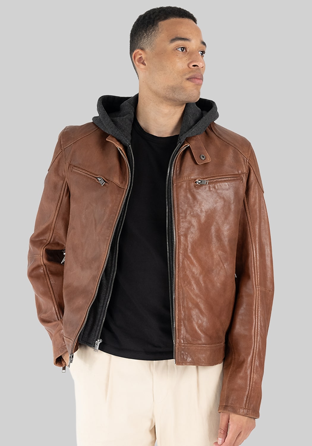 Mauritius Traditional Fit Leather Bomber Jacket With Removable Hood