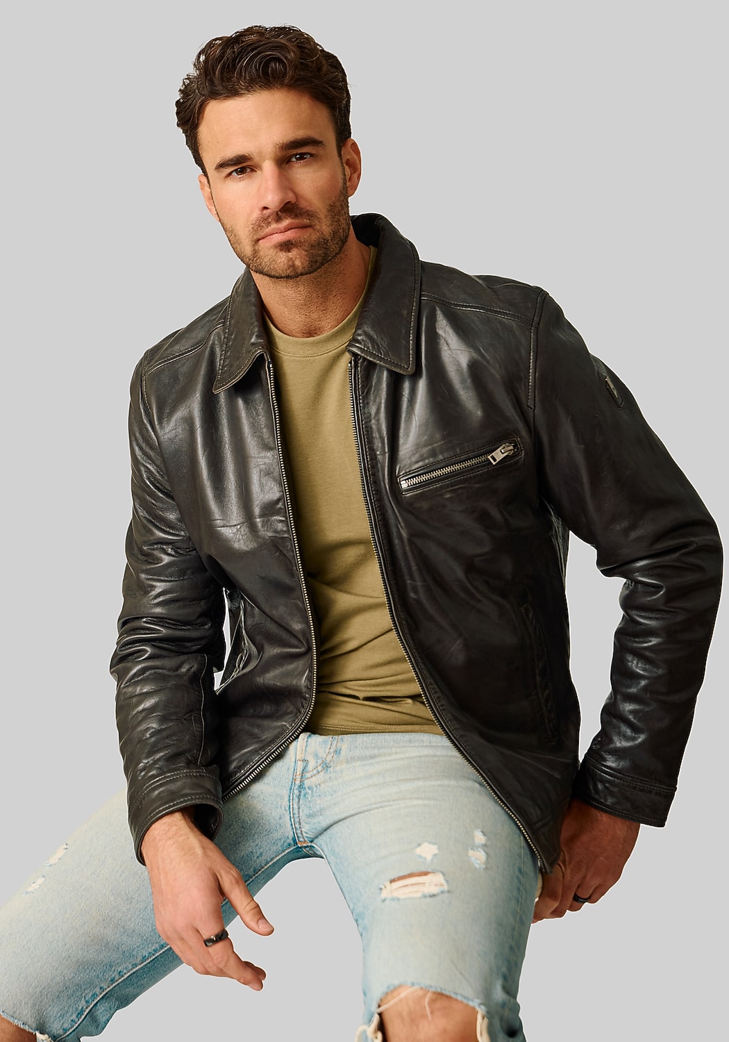 Mauritius Traditional Fit Leather Zip Bomber Jacket