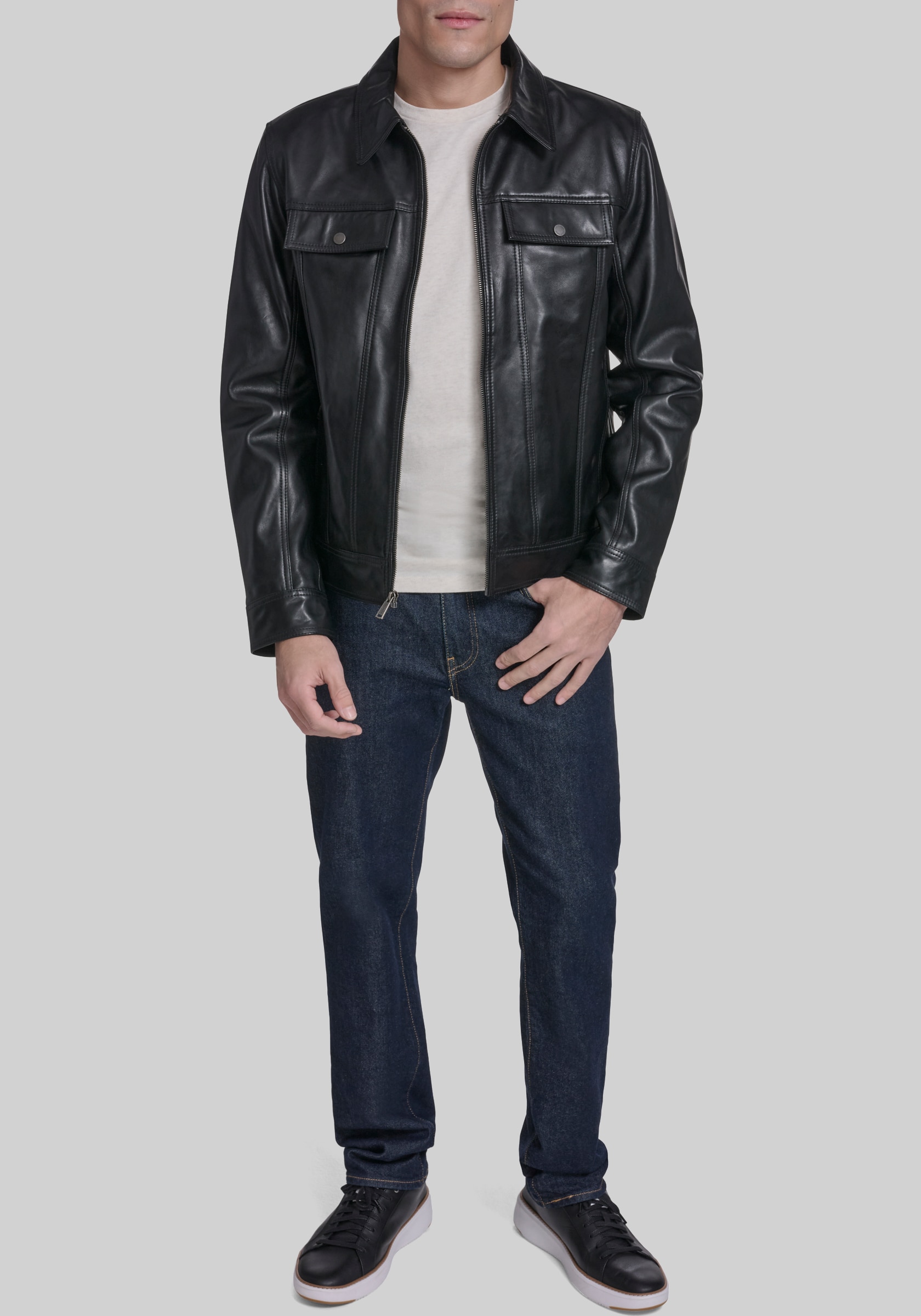 Cole Haan Traditional Fit Leather Trucker Jacket