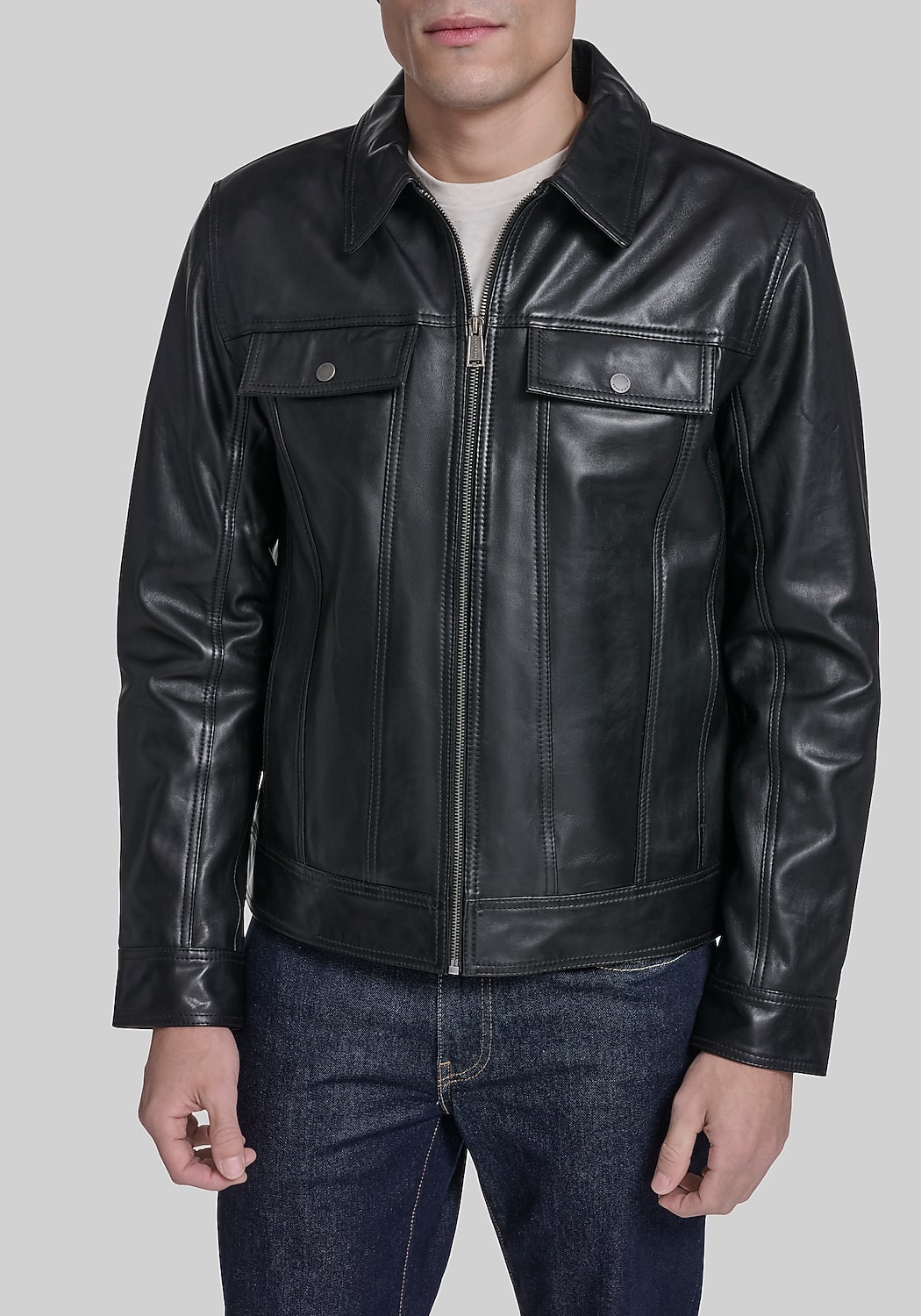 Cole Haan Traditional Fit Leather Trucker Jacket