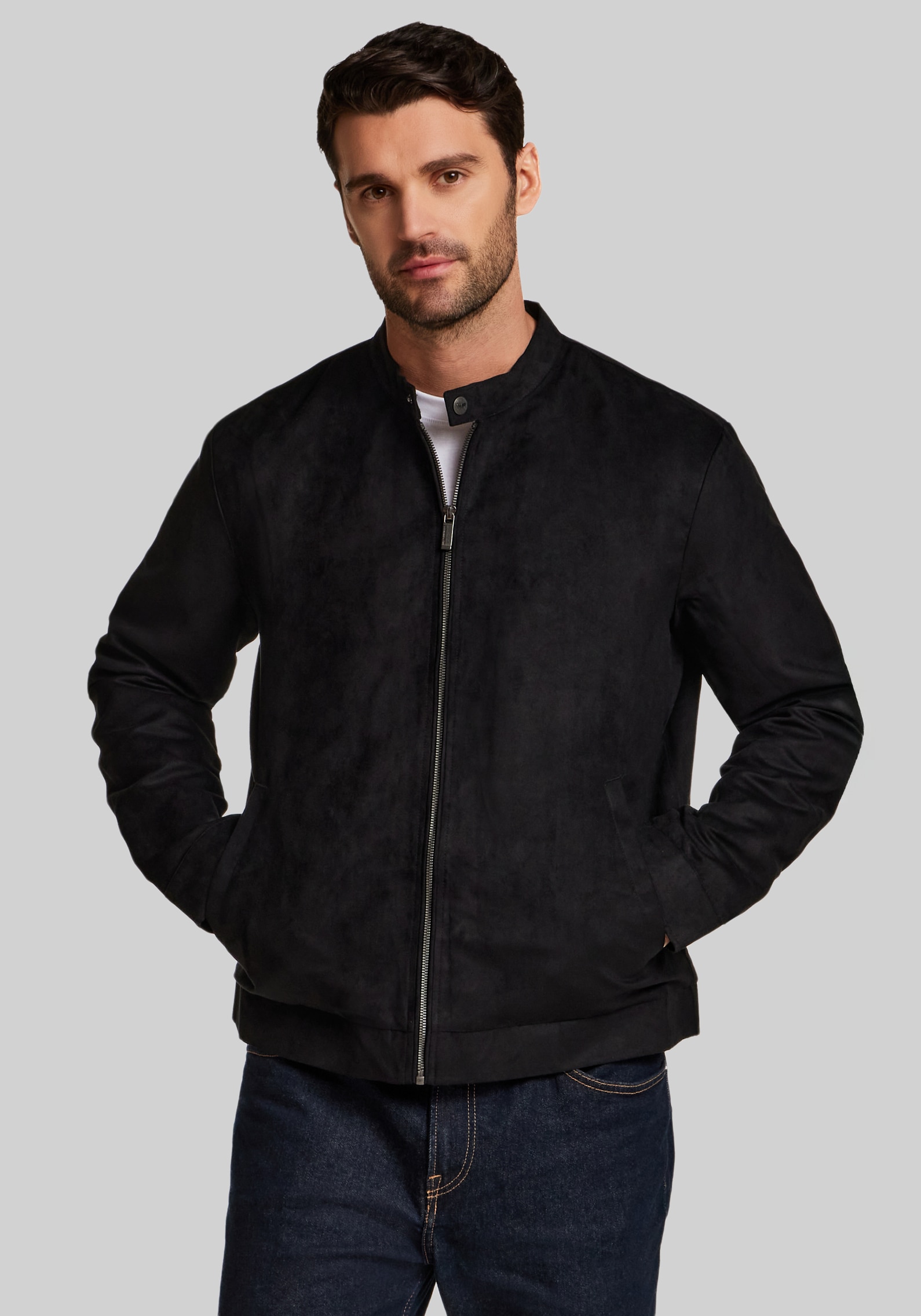 Men's Outerwear, Weatherproof Tailored Fit Microsuede Moto Jacket - Jos A Bank