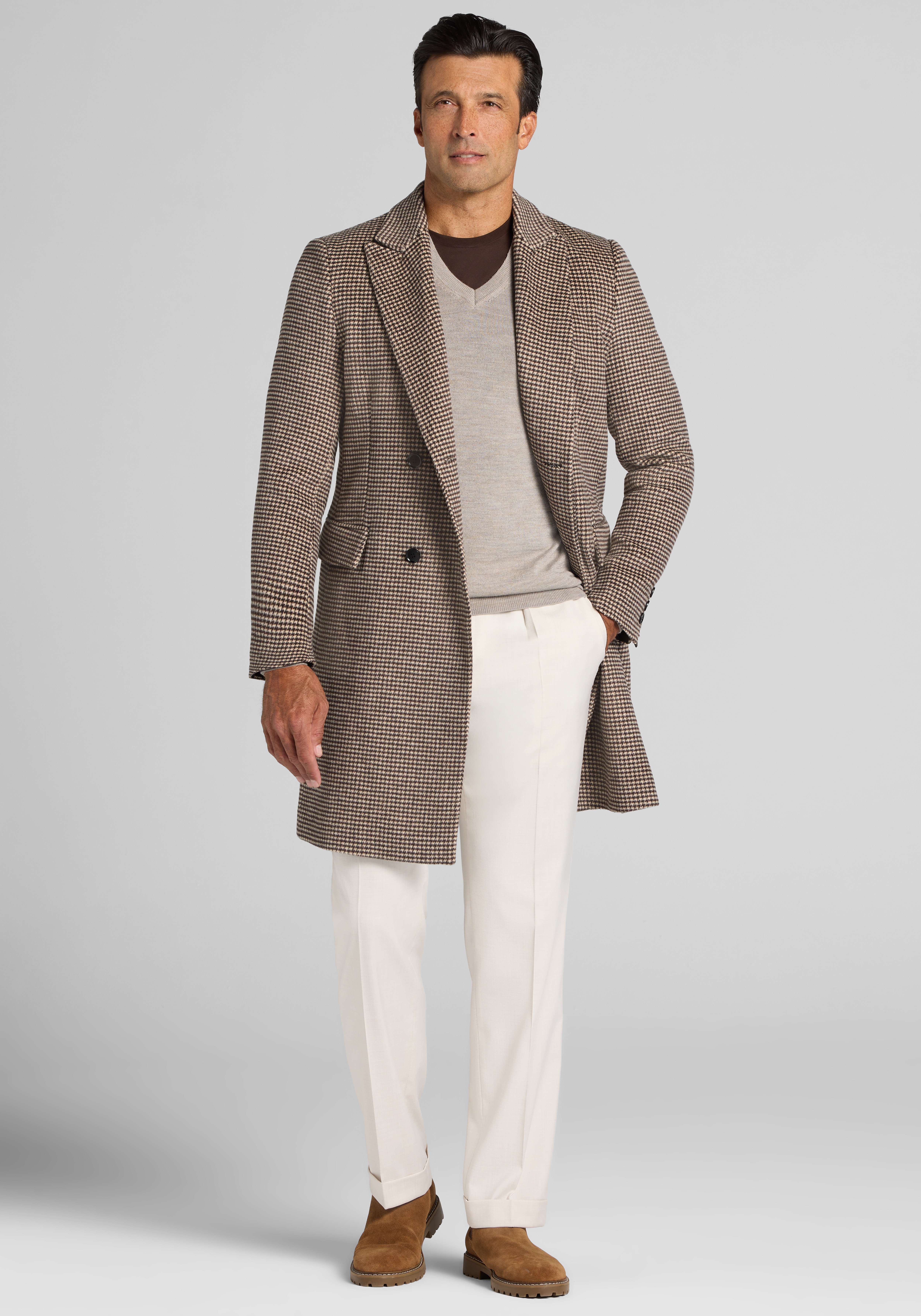 Jos. A. Bank Wool Blend Double-Breasted Houndstooth Topcoat
