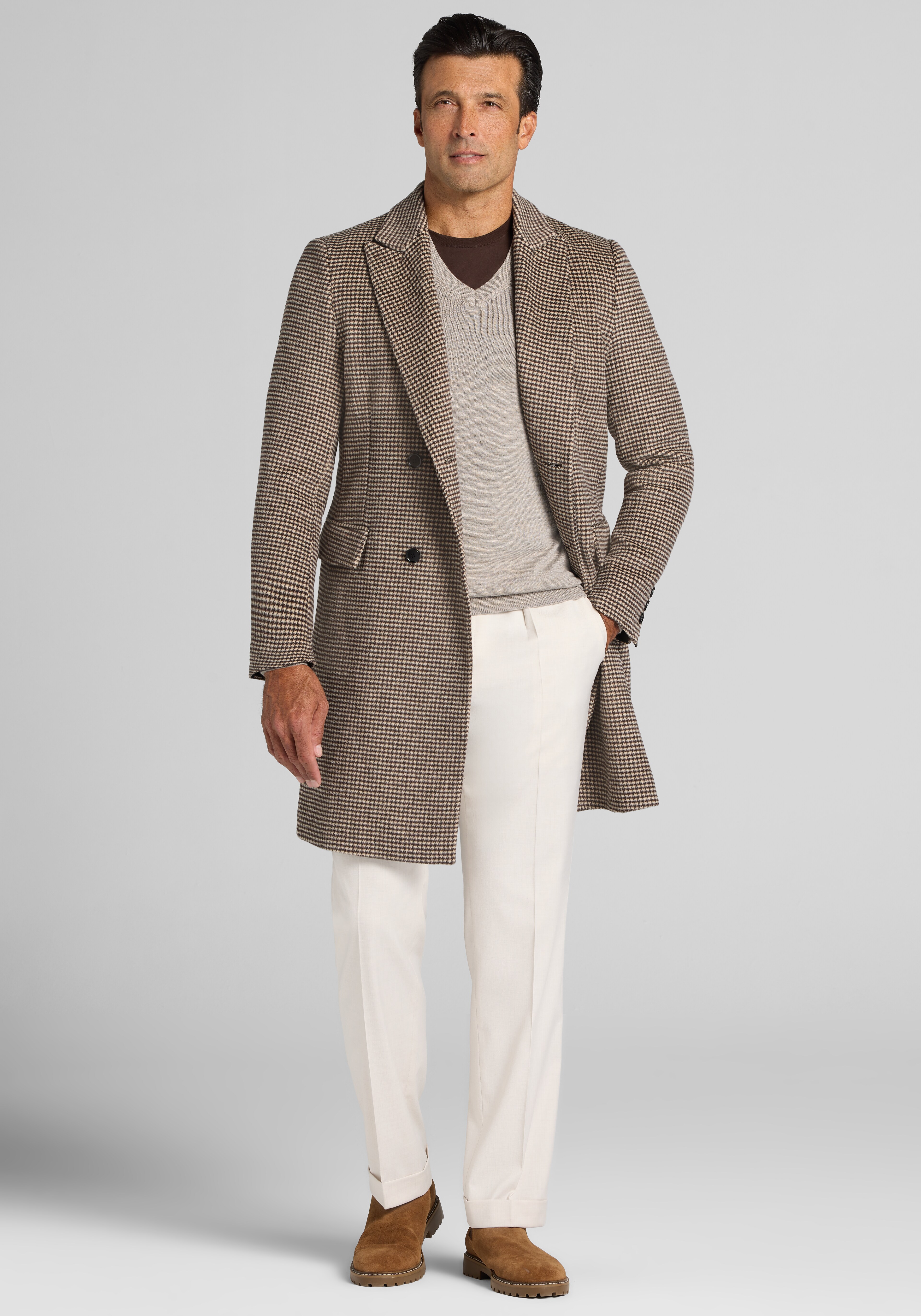 Jos. A. Bank Wool Blend Double-Breasted Houndstooth Topcoat