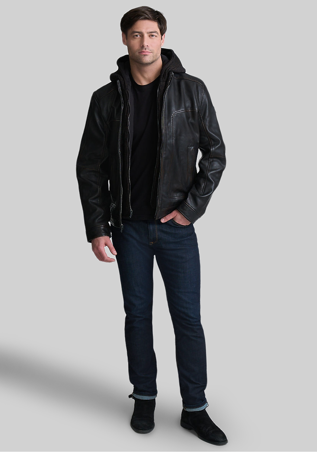 Mauritius Traditional Fit Leather Removable Hood Jacket