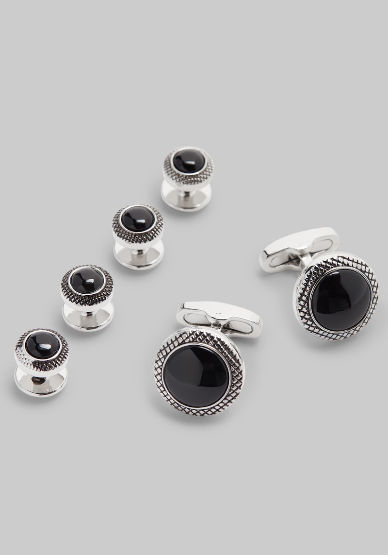 Men's Jos. A. Bank Round Black Onyx Cufflink & Stud Set at Jos. A. Bank, Black/Silver, Size One