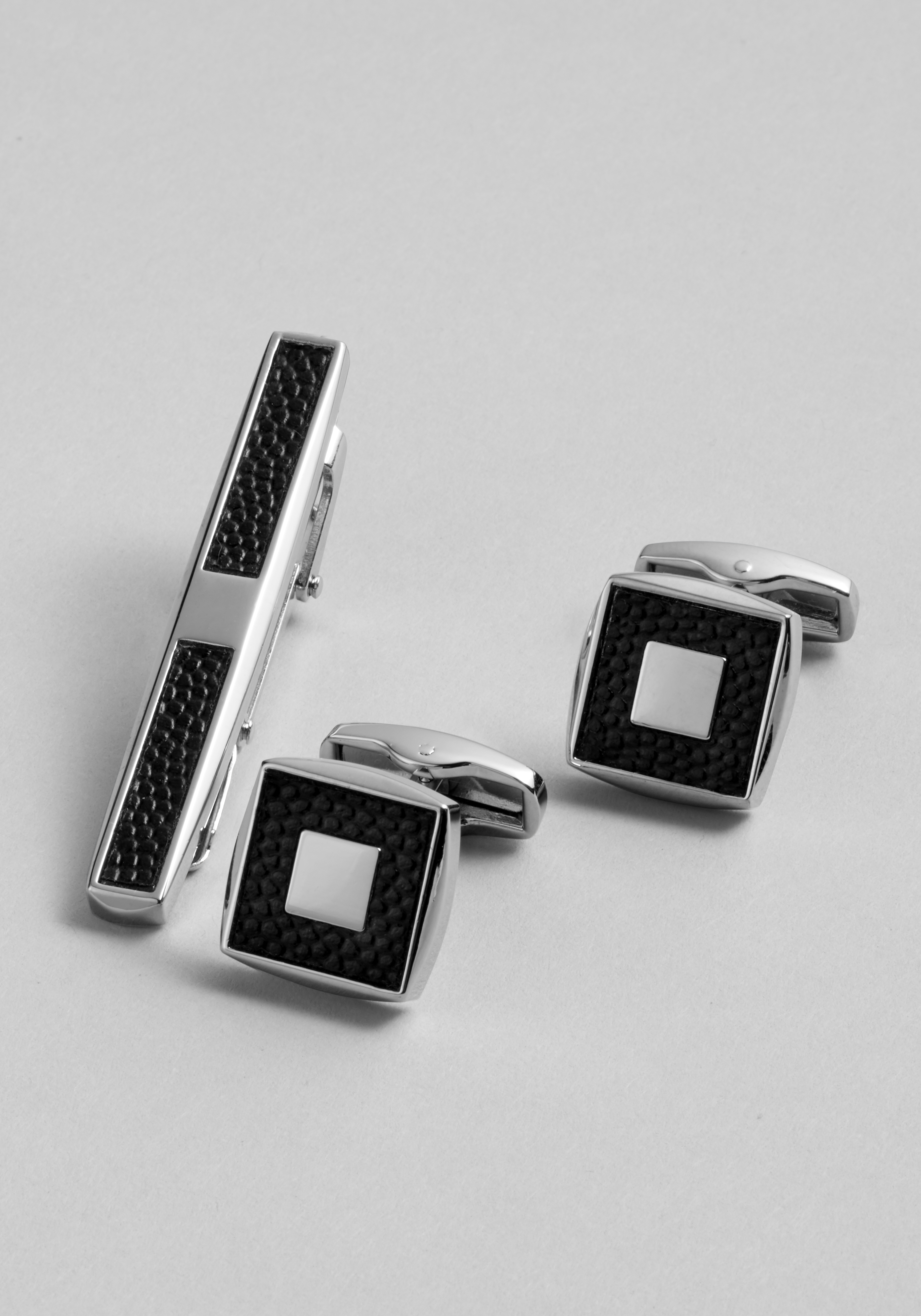 Jos. A. Bank Silver and Leatherette Square Tie Bar and Cufflink Set