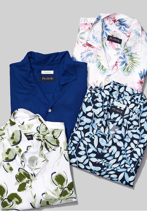 Four tailored-fit casual camp-collar shirts, solid navy and tropical floral prints