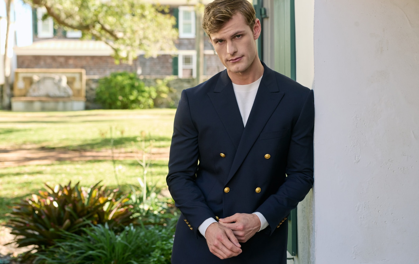 Man wearing a navy clearance sportcoat