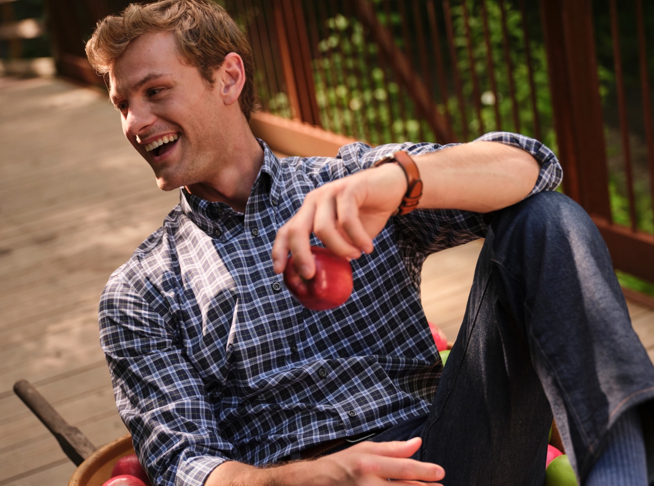 Man wearing a blue Traveler casual shirt