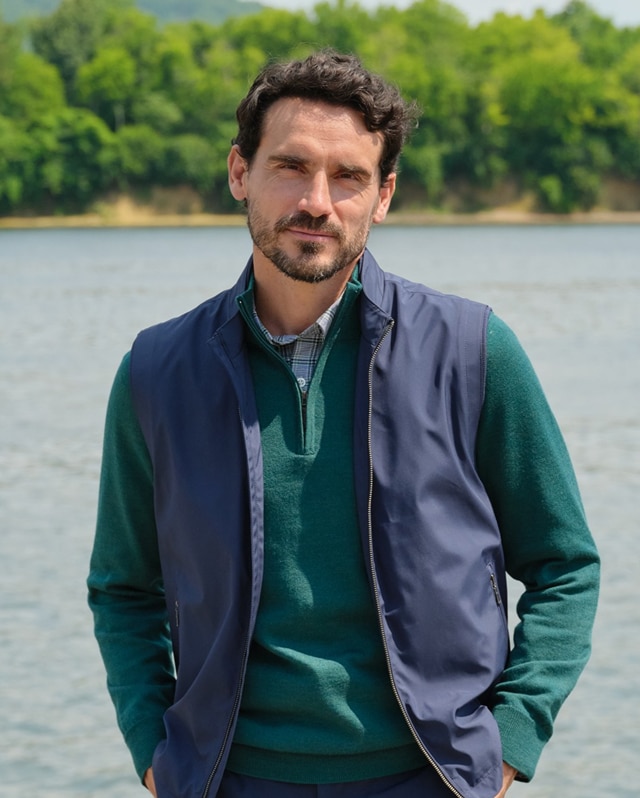Man wearing a navy vest over a green sweater