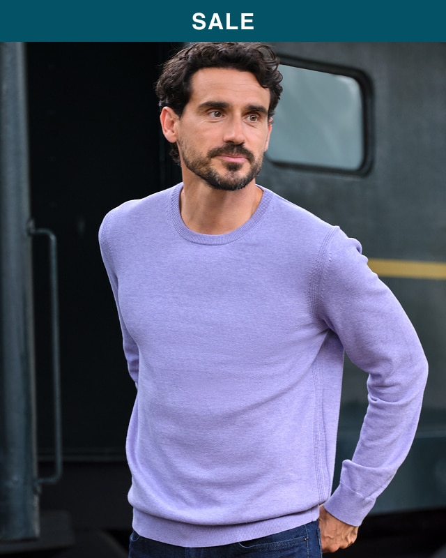 Man wearing a lavender Pima cotton sweater