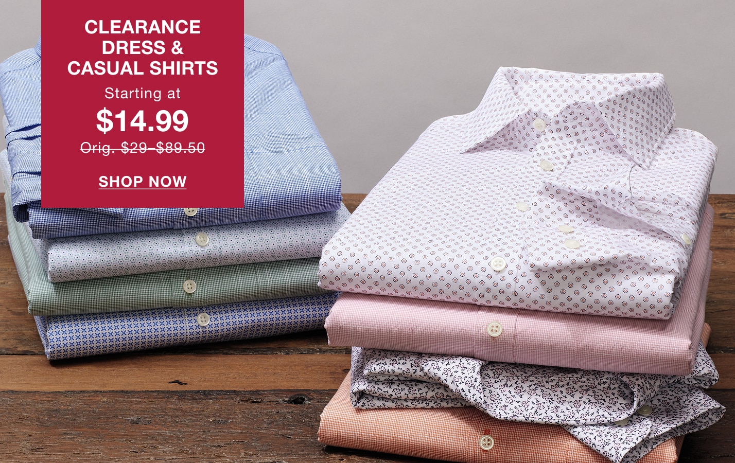 Stacks of folded clearance dress and casual shirts